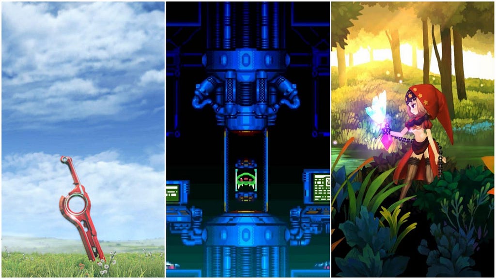 Screenshots from Xenoblade Chronicles Definitive Edition’s title screen, Super Metroid’s title screen, and the introduction video from Odin Sphere.