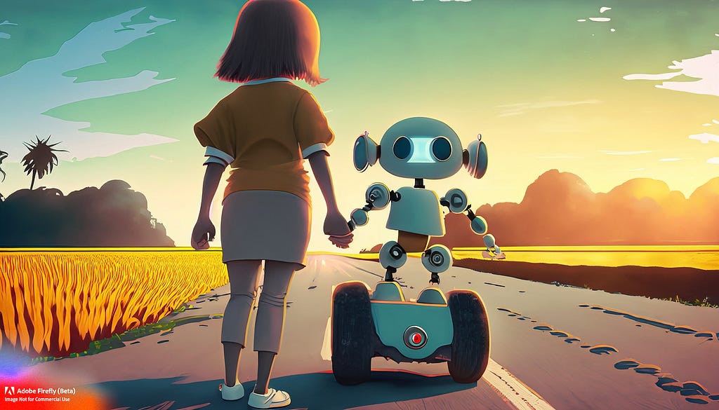 Cartoon style wide angle backside full body shot of a human child holding hands with a small cute little robot, both are driving towards sunset on a road with rice fields on both sides, Pixar style, 32k