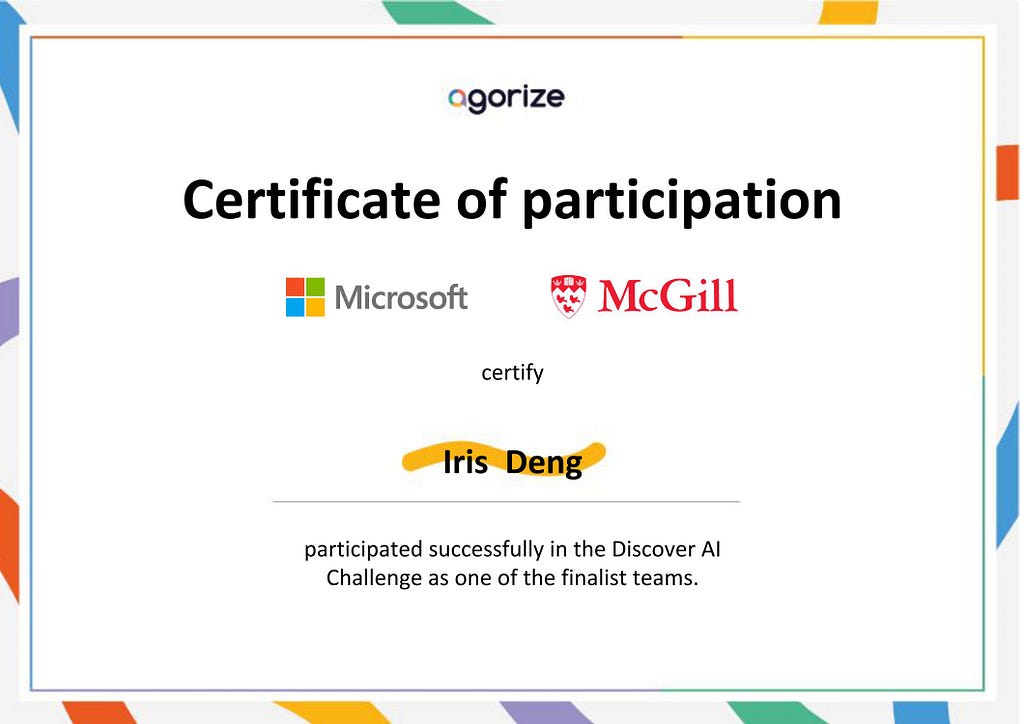 My certificate of participation in the finals of the Discover AI challenge 2020.