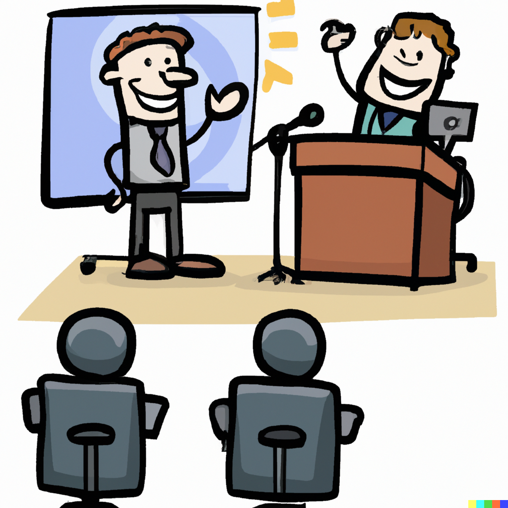 A happy cartoon painting of a tech interview presentation