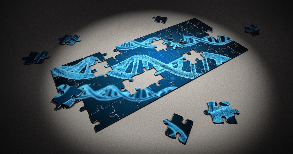 Blue puzzle of DNA with few pieces lying around.