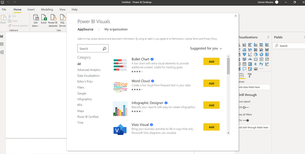 Figure: Power BI Visuals window