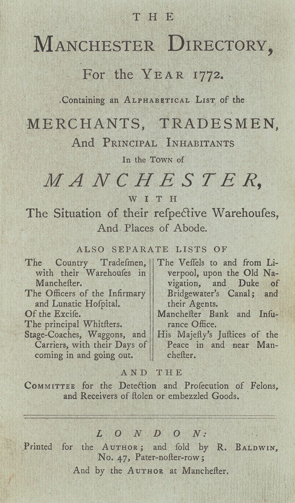 Title-page of a trade directory, including contents section printed in two columns. Imprint at foot.