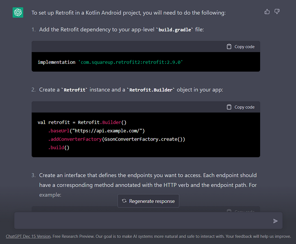 ChatGPT’s response when asked for retrofit setup in the Kotlin Android project