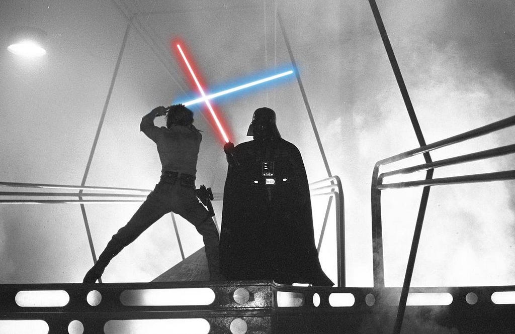 Lightsaber dual between Luke Skywalker and Darth Vader.