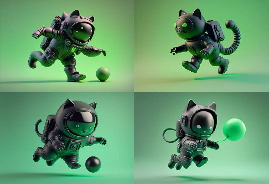 4 3D black cats in black spacesuits playing