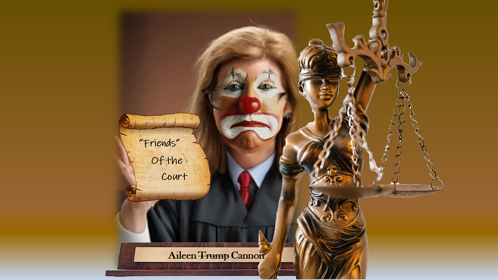 Clown-faced judge holding a “friend of the court” document with a lady justice standing beside her.
