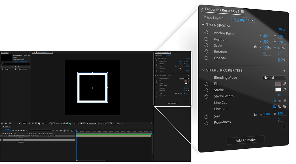 ”A screenshot of an After Effects artboard, timeline, and properties panel alongside an exploded view of the properties panel showing a very simplified version of the app’s layer navigation.”