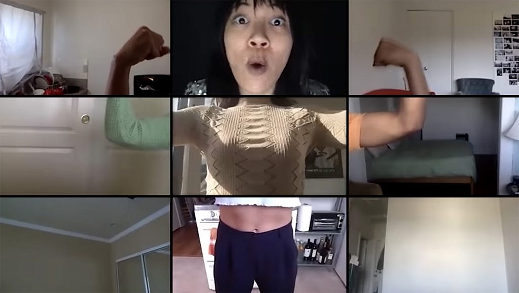 Screenshot of a Zoom call, where people have arranged themselves to make the shape of one person flexing their biceps.