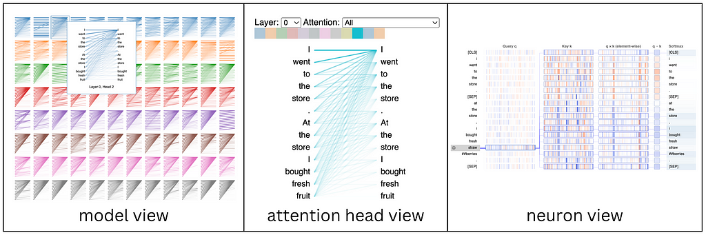 A graphic showing the model view, attention head view, and neuron view of a transformer model using BertViz