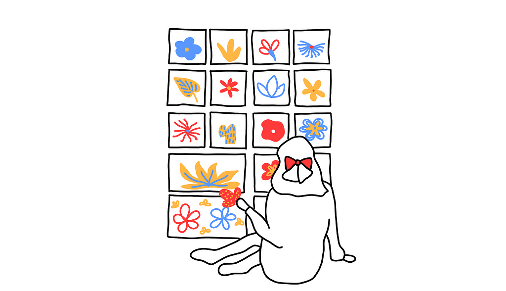 Drawing of a lady sitting in front of her collection of different types of flowers