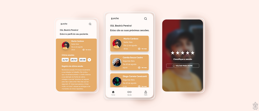 Telas de perfil do paciente, home do profissional e classificação da sessão.