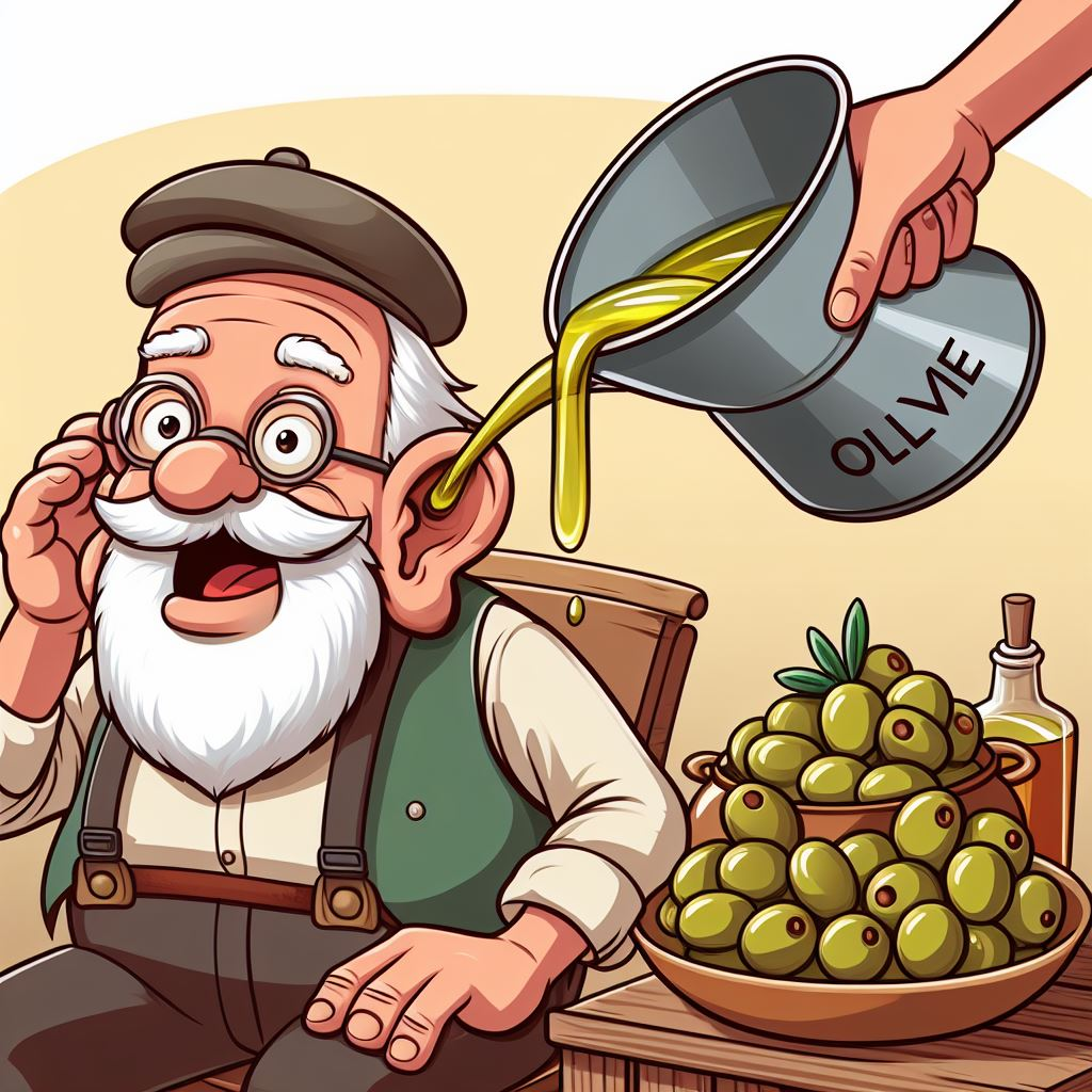 Image of old man having olive oil poured into his ears to illustrate post