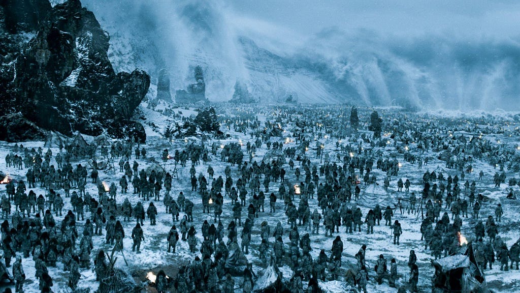 A picture of a scene in Game Of Thrones, with many white walkers