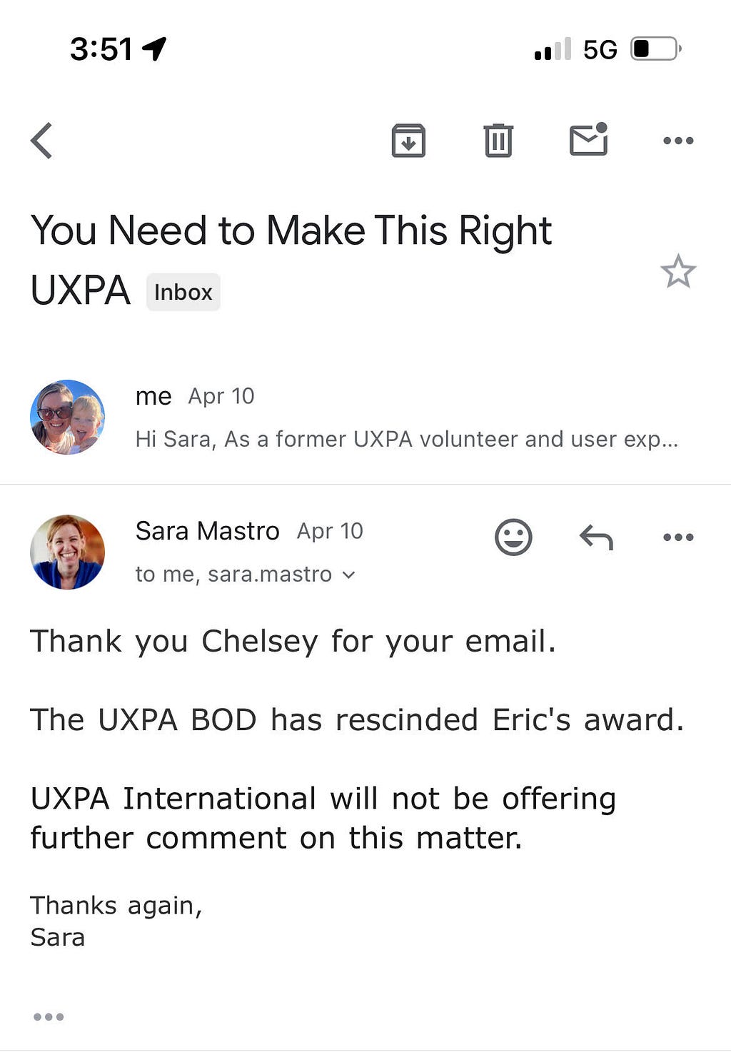 A screenshot of an email from UXPA President Sarah Mastro stating that that organization would be offering no comment on the rescinding of Eric Reiss’s Lifetime Achievement Award.