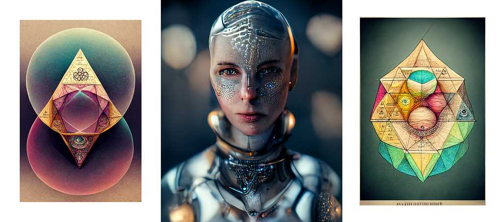 Geometric shapes and a female android designed by Midjourney.