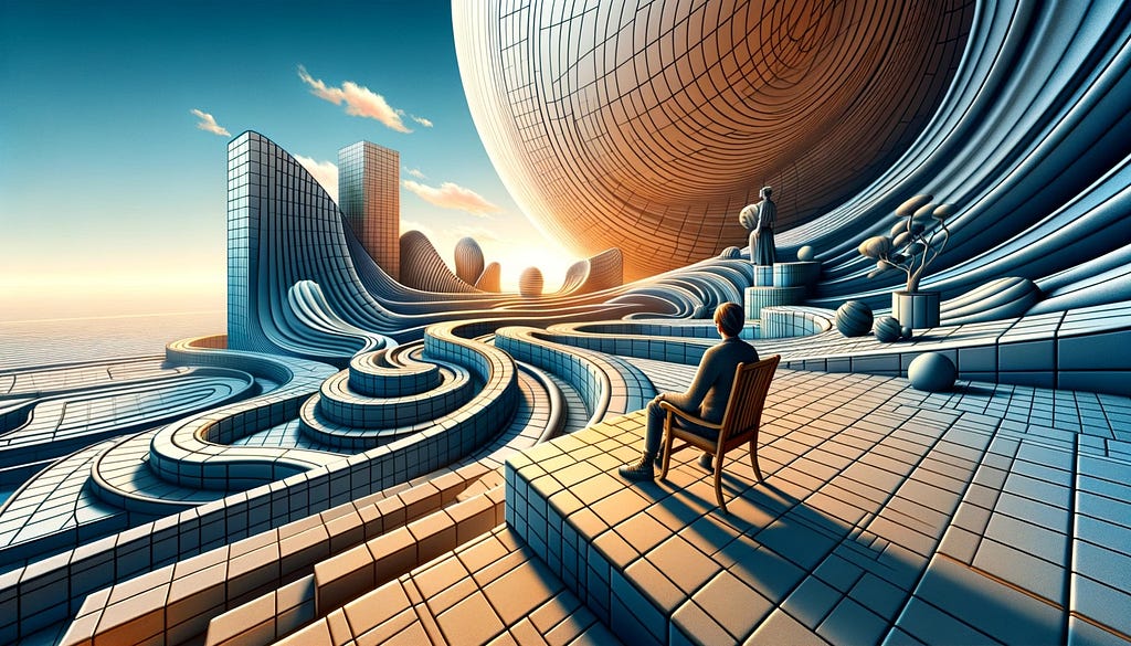 Here is an image depicting a landscape with spherical geometry, as seen from the perspective of a person sitting in a chair. This surreal environment captures the essence of spherical geometry, with elements like curved pathways, buildings, and natural features wrapping around the viewer. The scene conveys the properties of spherical geometry, where there are no parallel lines and the space curves, creating a sense of being inside a sphere.