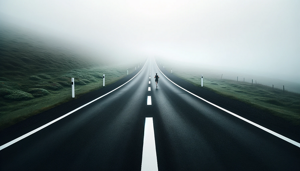 A straight black asphalt road with white dividers stretches into foggy infinity, flanked by green grass. A jogger runs away from the camera, moving along the road into the fog.