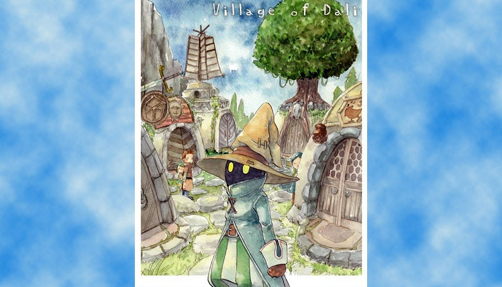 Artwork of the immaginary Village of Dali in Final Fantasy 9 over a deep blue sky