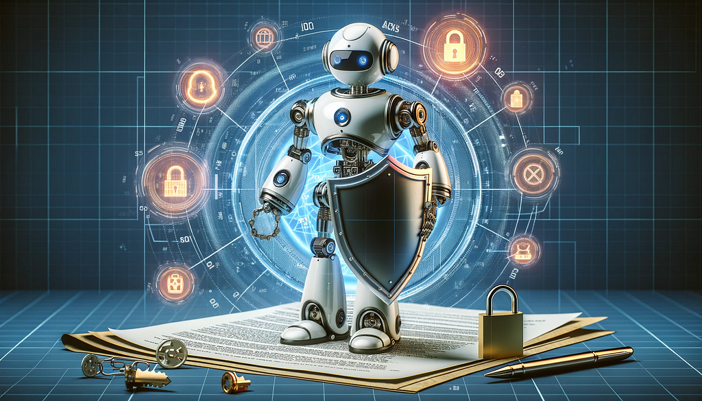 Depicted is a robotic arm holding a shield, surrounded by patent documents and symbols of protection, conveying the idea of securing and protecting robotic inventions. SEO Alt Text: “Robotics Invention Protection image with robotic arm and legal symbols.