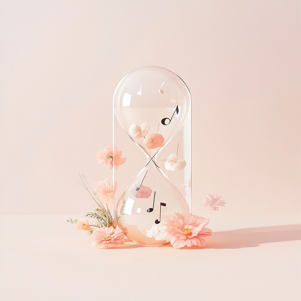 Abstract Expressionism, a translucent hourglass with musical notes and flowers around, with creative idea coming from it, dreamy summer color palette, isometric design, fancy, surrealism, surreal concept art, digital painting, aesthetic, smooth, inspired by Studio Ghibli , beautiful lighting, transparent background