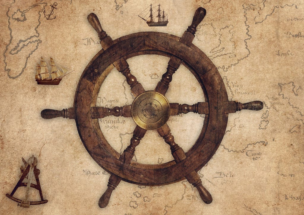 wooden captain’s wheel from a ship