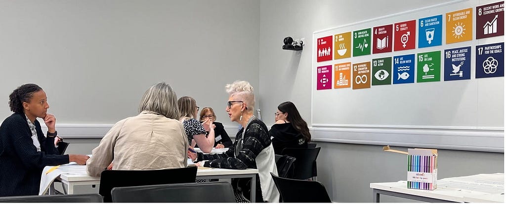 Two tables of women in discussion at a workshop. Both tables have three people at them. There is a display of the UN’s Sustainable Development Goals on the wall behind the tables.