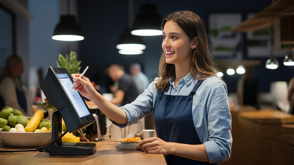 Customer using a POS terminal to place an order at a cafe