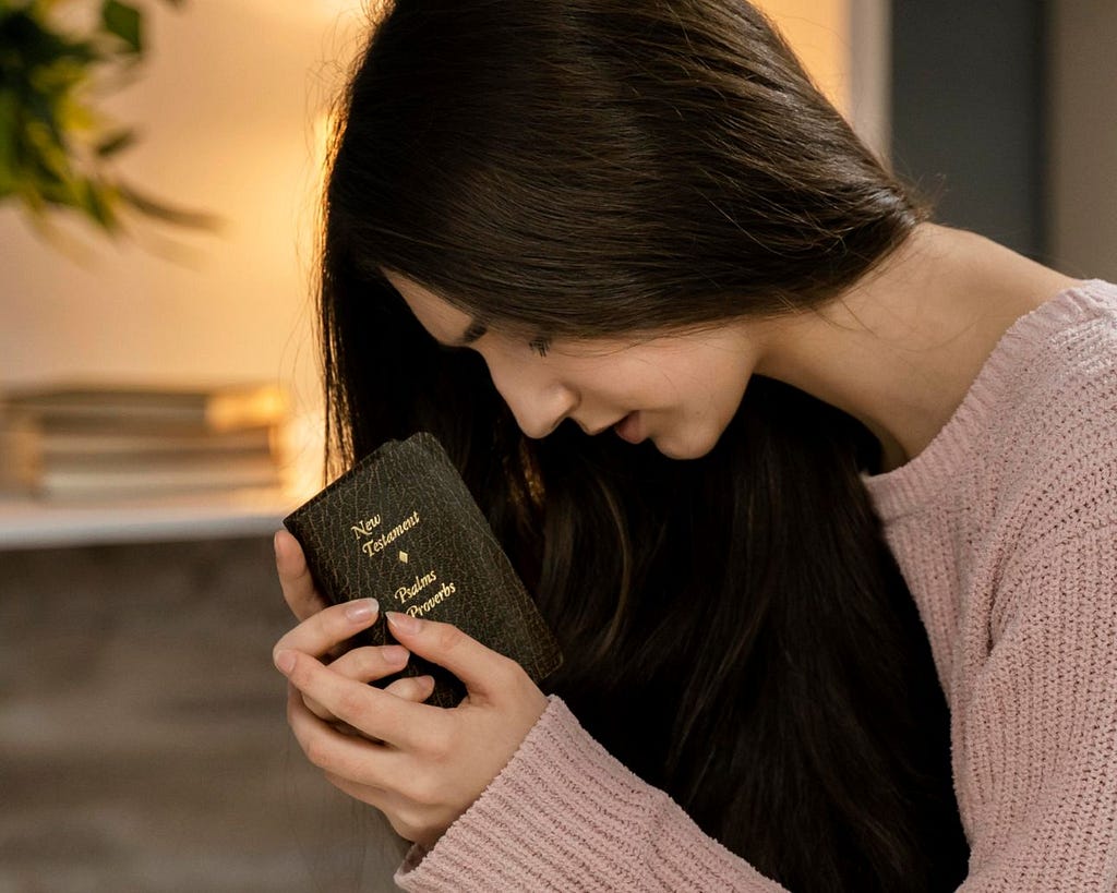 A young woman cradling the Bible.