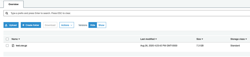 Screenshot of the AWS console showing a single S3 object of 7.3GB