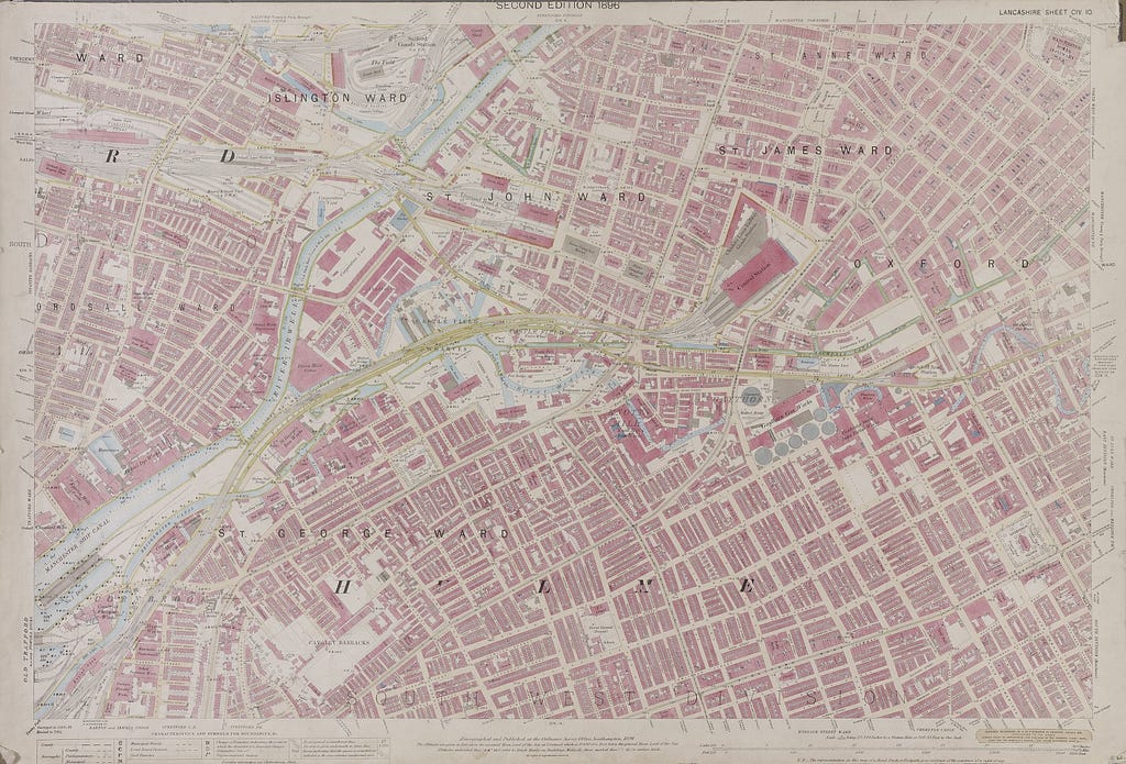 Detailed Ordnance Survey map of Manchester from 1896 featuring Central Station, Castlefield and parts of Hulme.