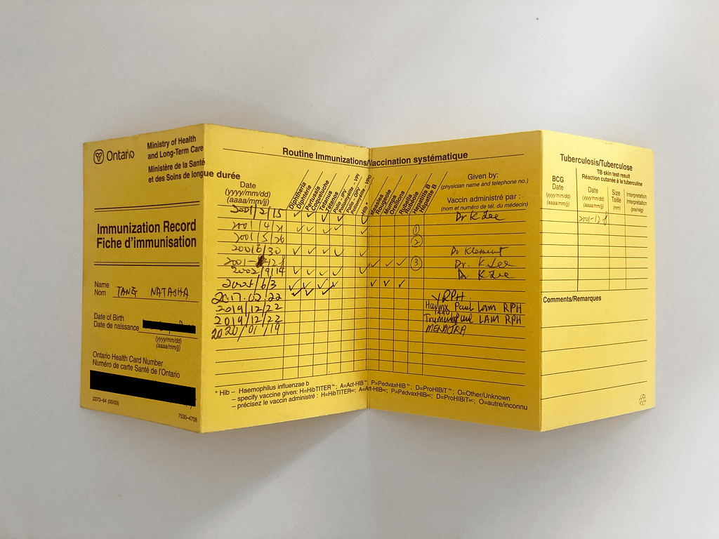 An image of the traditional vaccine record system which takes the form of a pocket-sized foldable yellow paper with small black writing