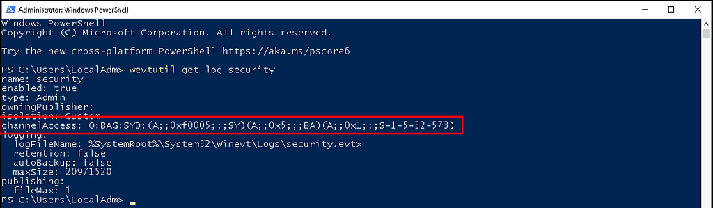 Viewing the access permissions of the security channel in PowerShell