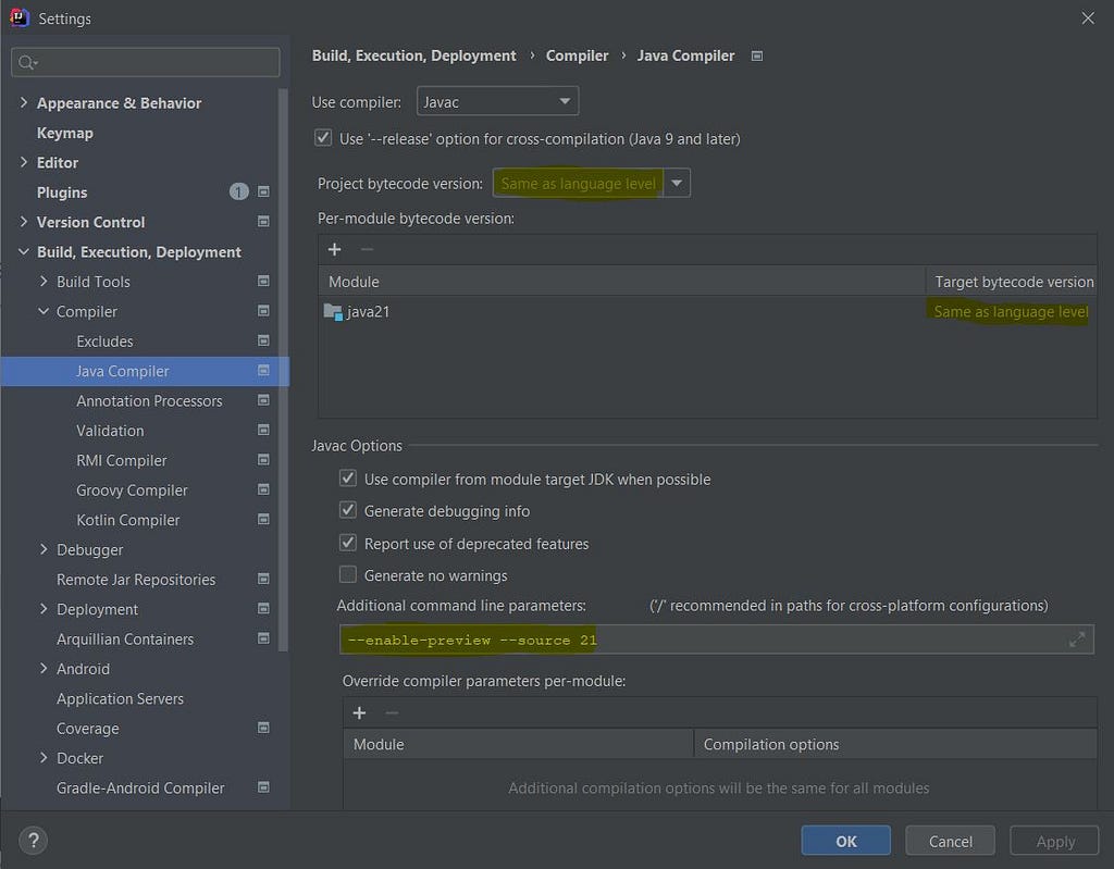 Capture that shows how to add — enable-preview and — sourse as command line arguments for Java Compiler in IntelliJ