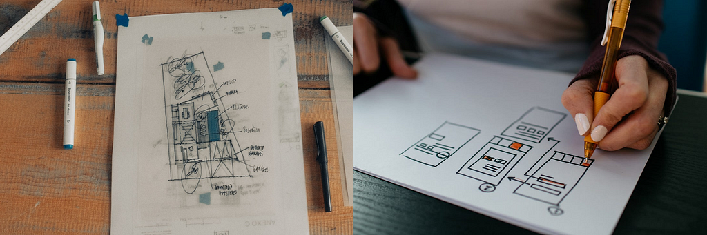 Comparison between sketches for an architectural floor plan and an UX project