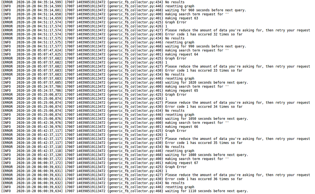 screenshot of logs showing repeated errors from Facebook’s API