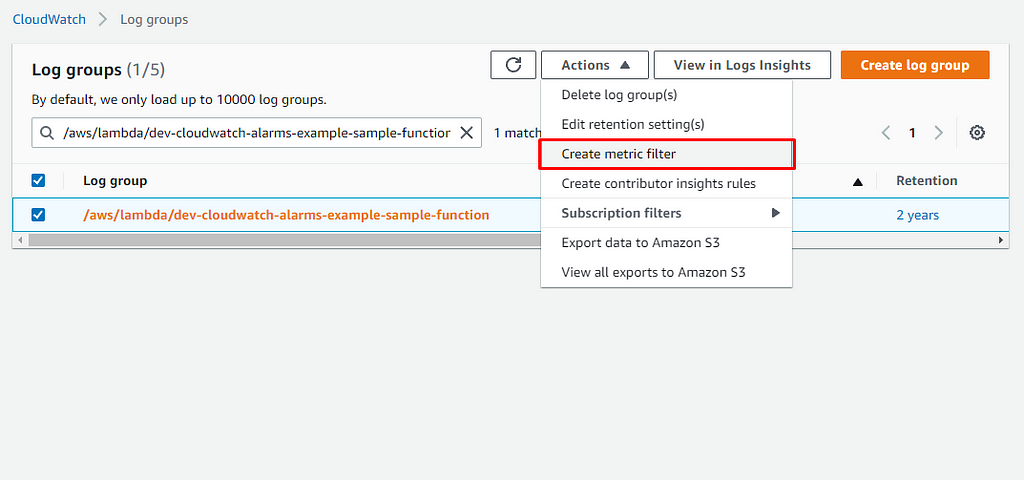 Creating a metric filter from a CloudWatch log group