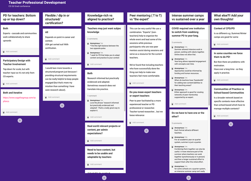 Padlet message board with comments on six topics of PD.