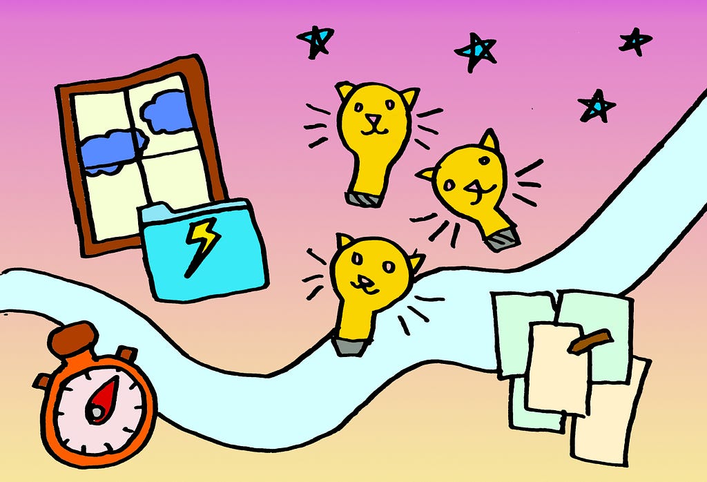 An illustration of a window, file folder with a lightning bolt, cat light bulbs, stars, paper and pen, and timer all floating