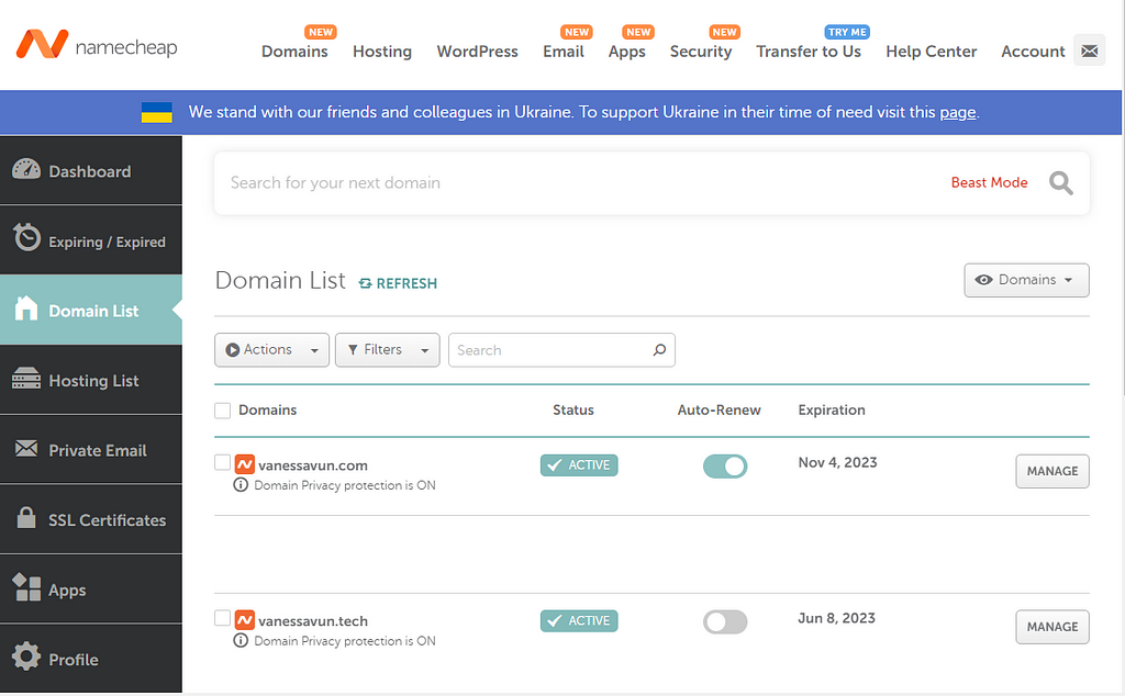 namecheap.com Domain List page with Domain names listed