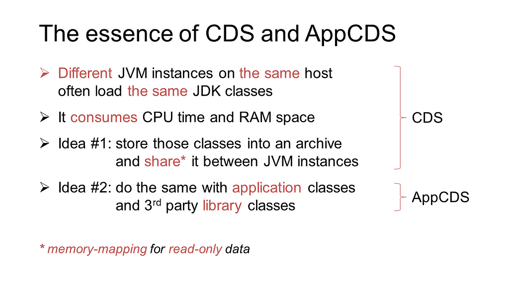 The CDS and AppCDS are just an implementation of the idea to share memory and CPU resources between JVMs the same host.