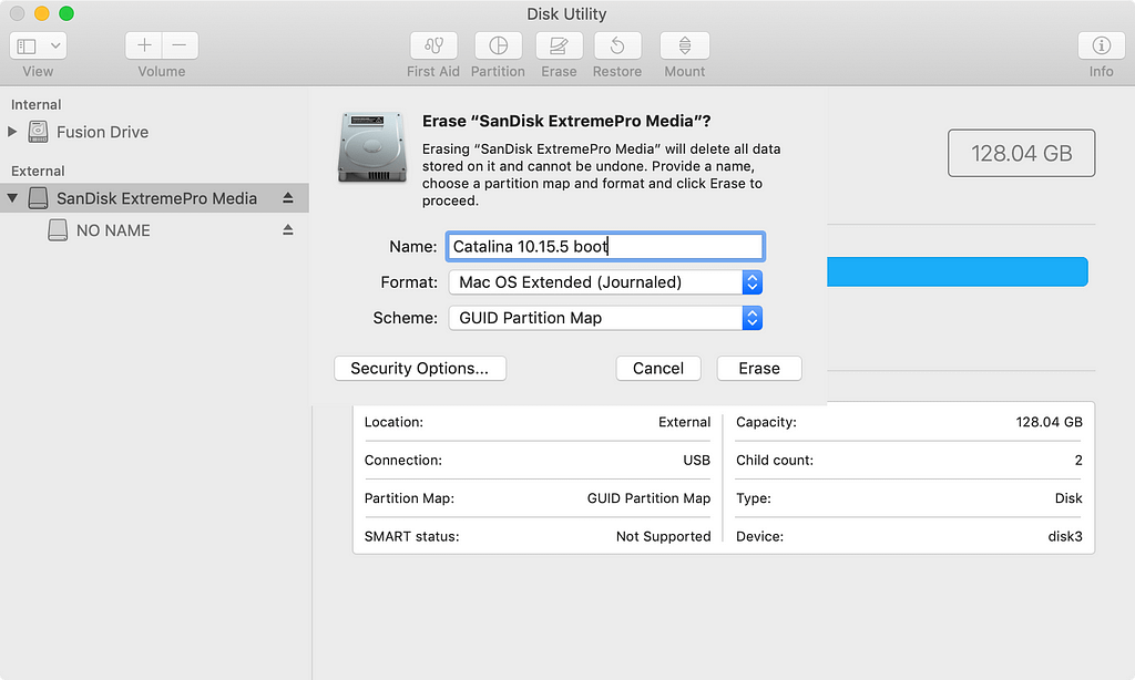 Disk Utility: Name your bootable drive and ensure it is set to Extended Journaled and GUID Partition Map.
