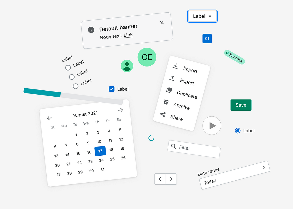 A visual collage composed of components from the Shopify Polaris Design System, including but not limited to a date picker, select, radio button, profile icon, menu, etc.