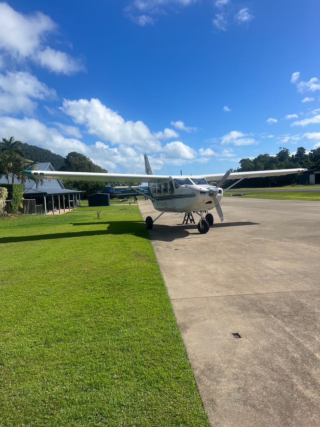 Small aircraft used for Heart Reef flight, providing aerial tours over the Great Barrier Reef, offering passengers an unforgettable experience of exploring natural wonders from above in Airlie Beach, Queensland, Australia.