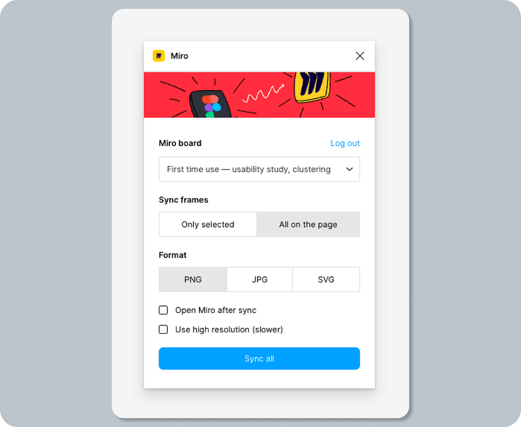 A screenshot of the Miro plugin in Figma showing basic one-time configuration options. Select “Miro board”, choose “Sync frame,” “Format, ” etc.