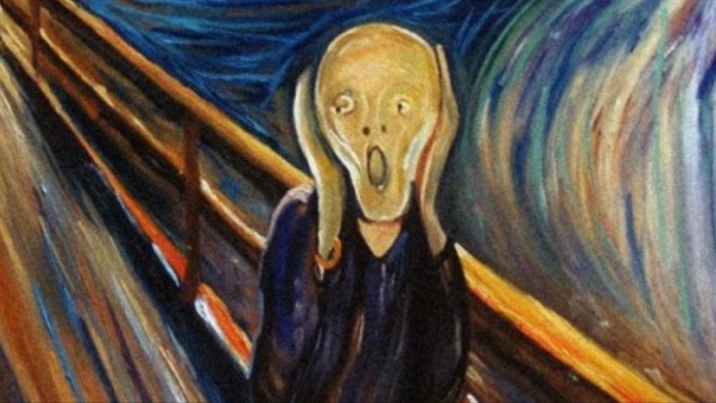 Picture of “The Scream” by Edvard Munch. A painting with a figure standing on a bridge, letting out a silent scream that conveys the themes of loneliness and uncertainty.