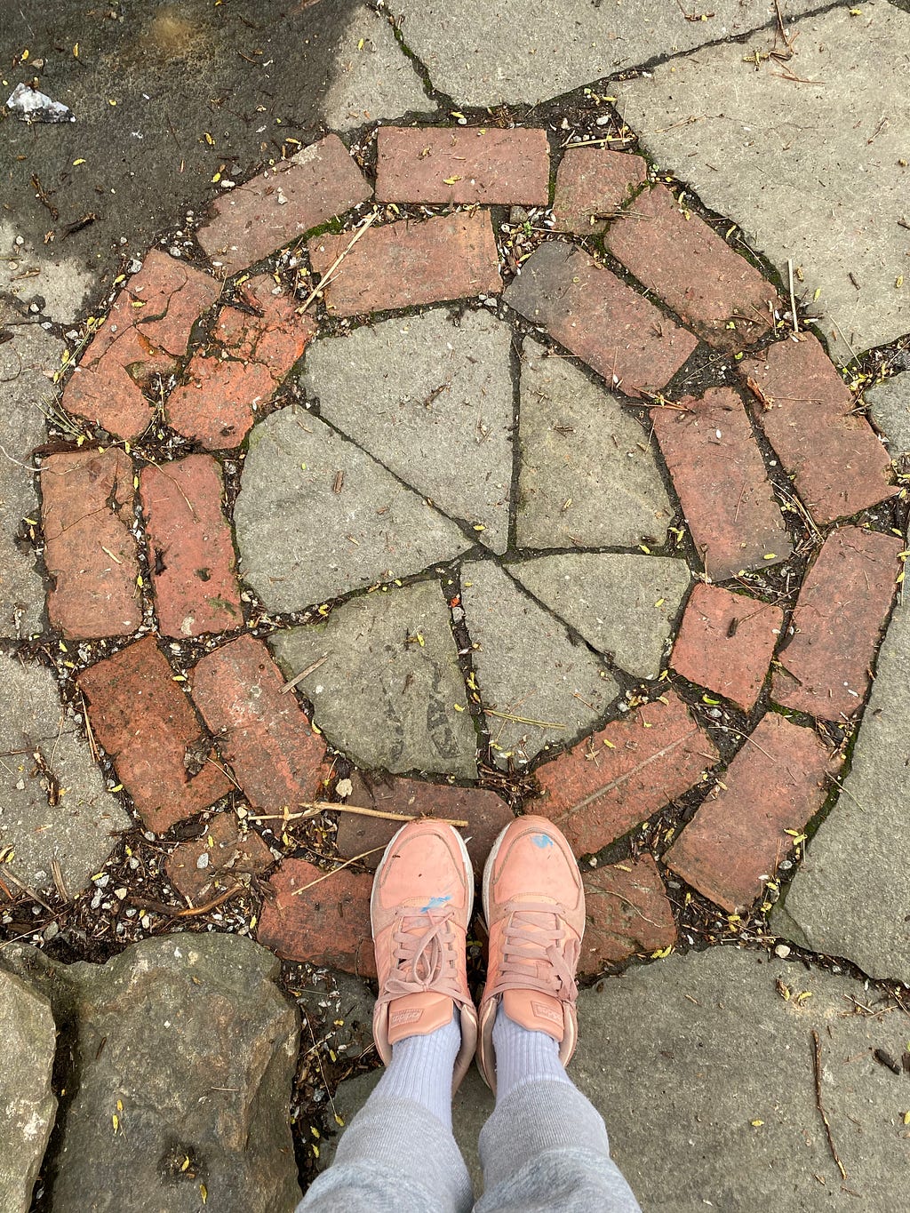 Pink colored women’s shoes atop circular brick path.