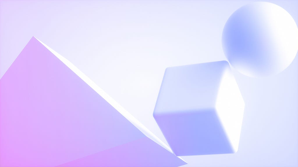 A triangle, square and round shape colliding with light purple gradient coloring and background