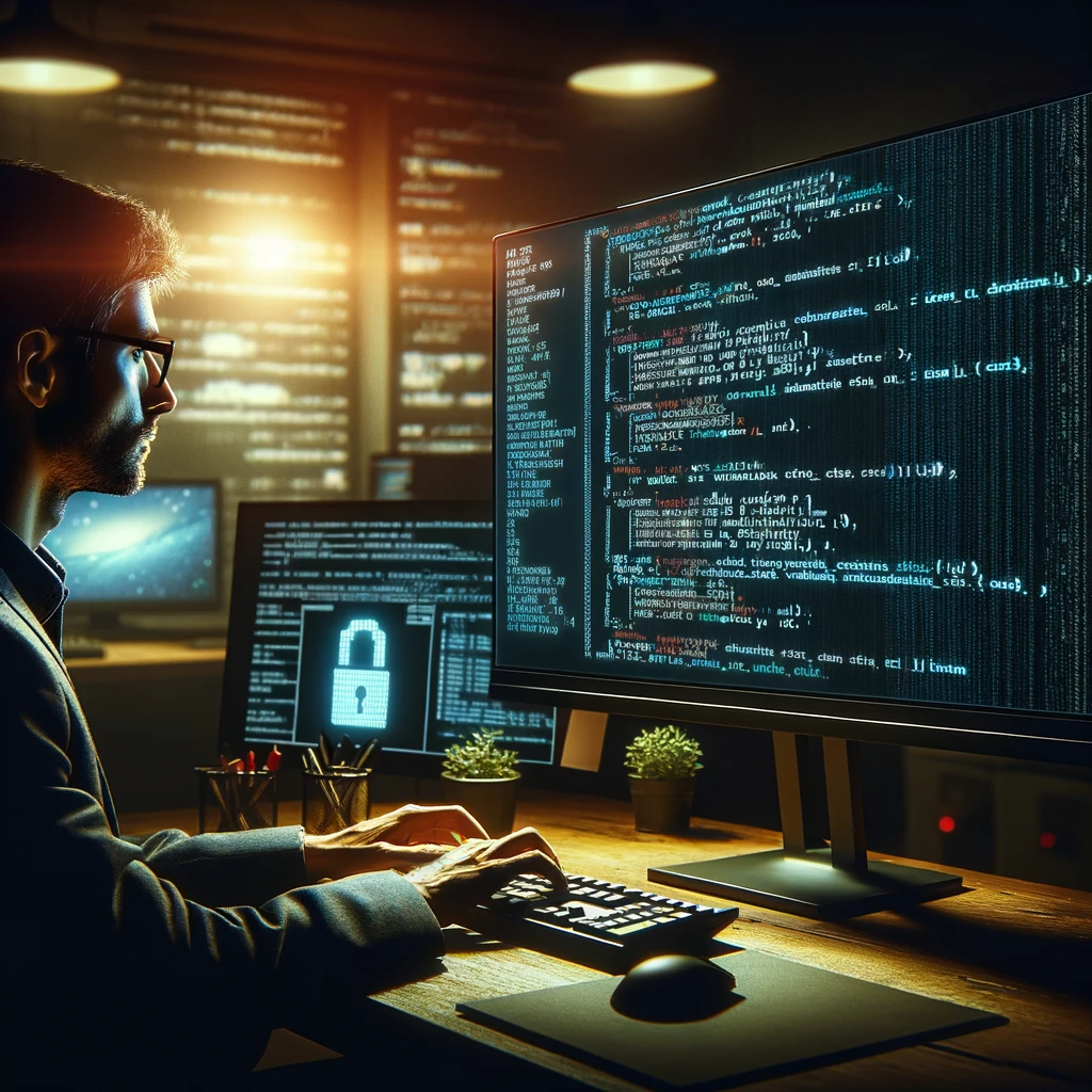 System administrator sitting in front of a terminal typing at a keyboard. A smaller screen sits off to his left. He is wearing glasses. The room is dimly lit.