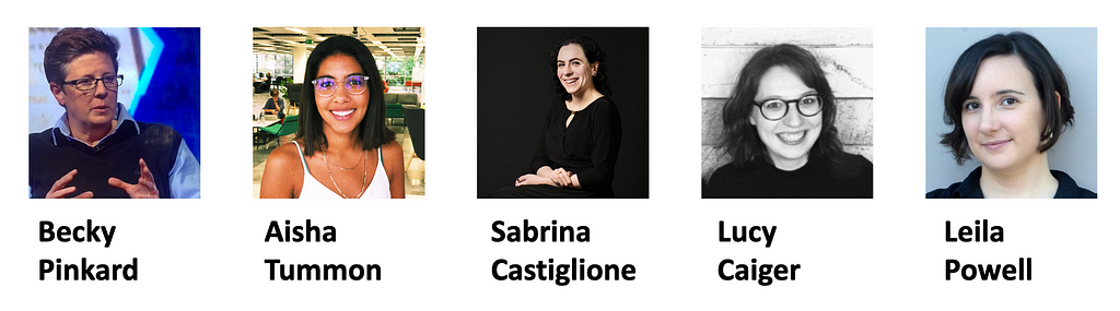 Headshots of the WEDS founders — Becky Pinkard, Aisha Tummon, Sabrina Castiglione, Lucy Caiger and Leila Powell.